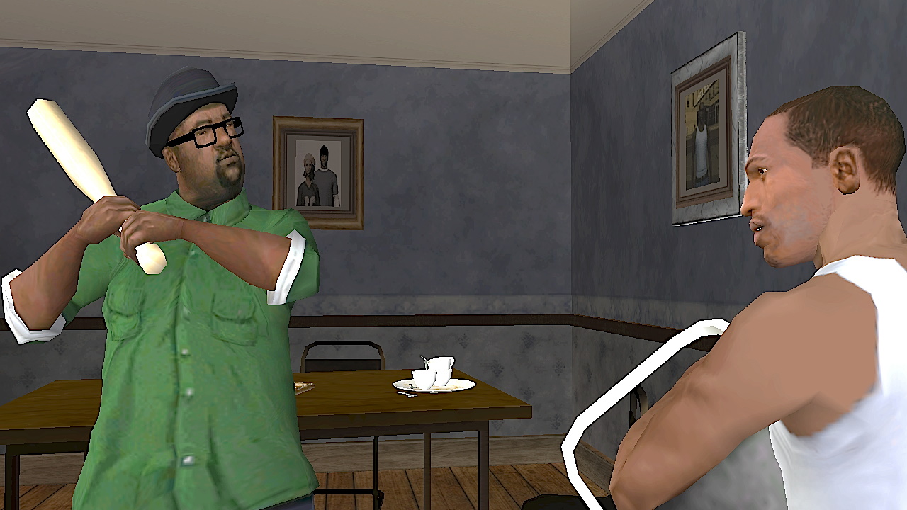 CJ and Big Smoke in one of the first missions of the game