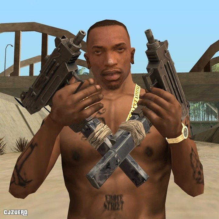 CJ holding up guns